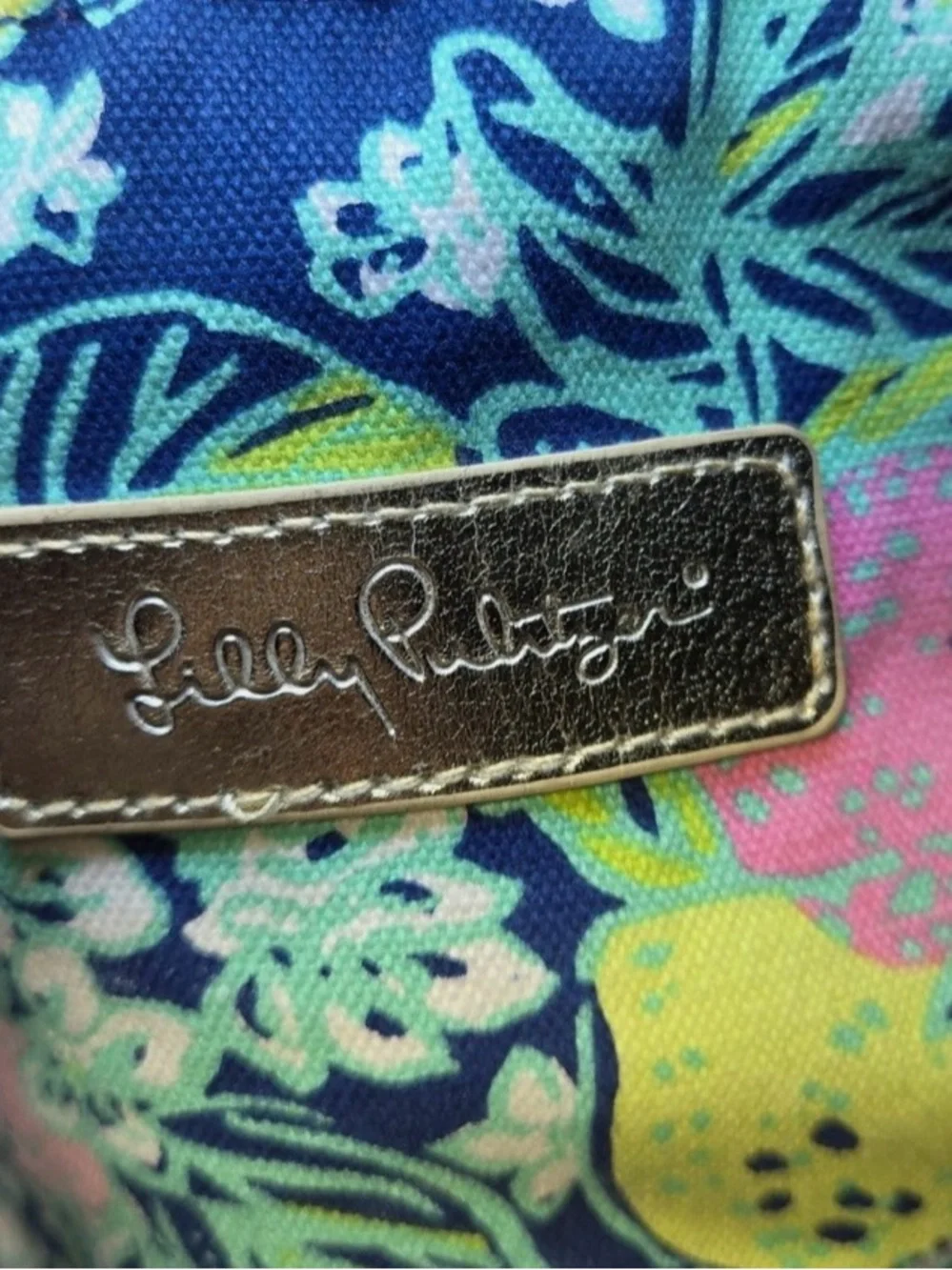 Lilly Pulitzer Pink & Green Floral Drawstring Cosmetic Pouch with Gold Plaque